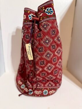 Sharif Red Quilted Drawstring Backpack/Travel with Floral Accents